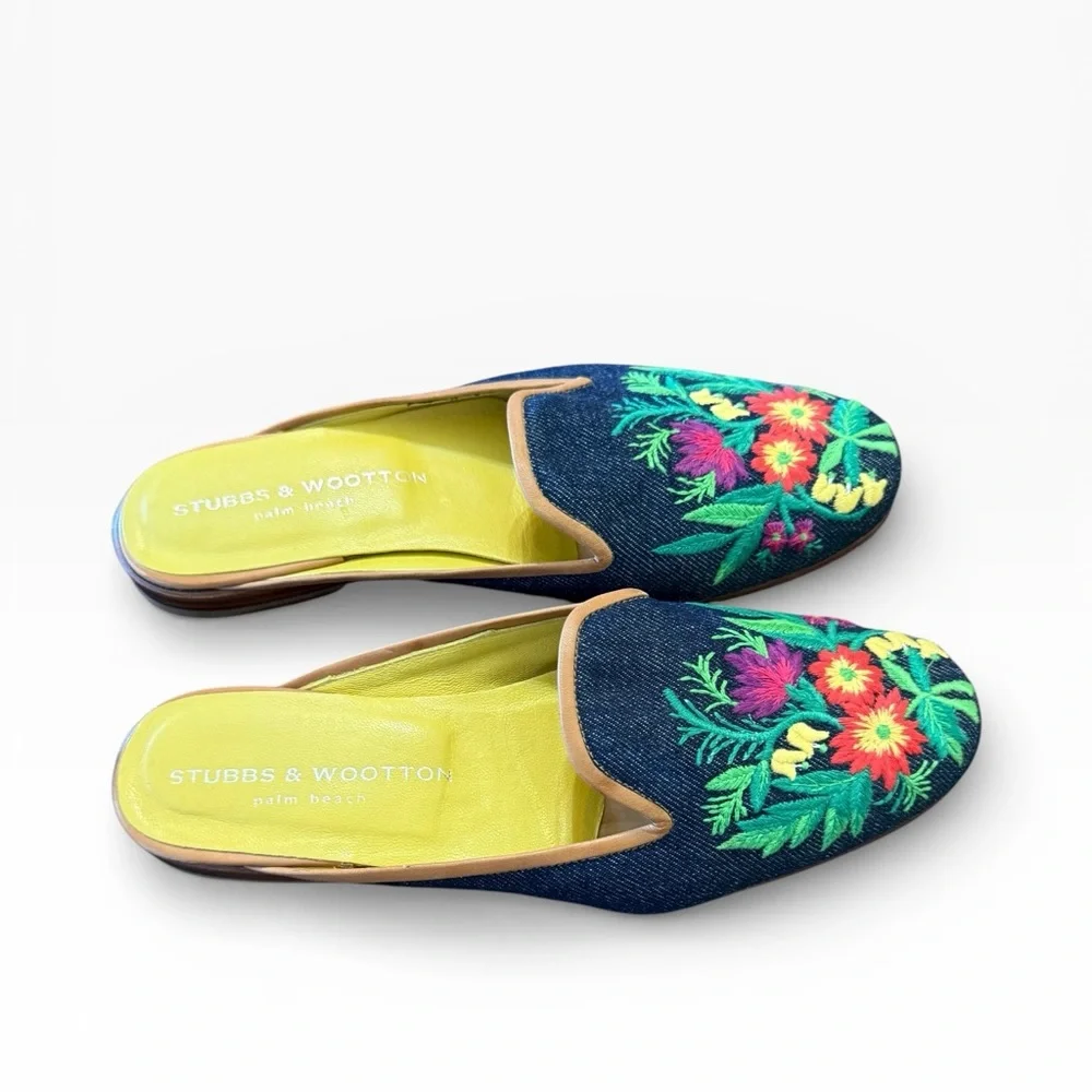 Stubbs & Wooten Emrodiery Vibrant Floral Denim Mules Slip On 7.5